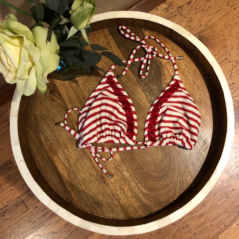 Red & White Striped Sequin Bikini Top